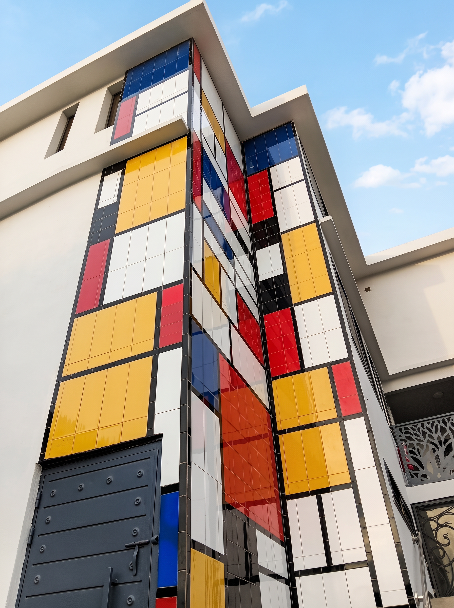 Contre-plongée sur l'angle architectural du Mondrian habillé de carreaux géométriques jaunes, rouges, bleus, blancs et noirs